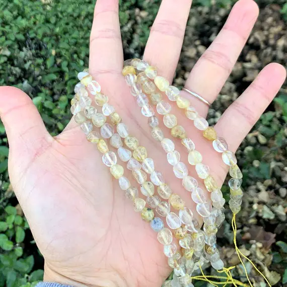 1 Strand/15" Natural Gold Rutilated Quartz Healing Gemstone 6mm To 8mm Free Form Oval Tumbled Pebble Stone Bead For Bracelet Jewelry Making