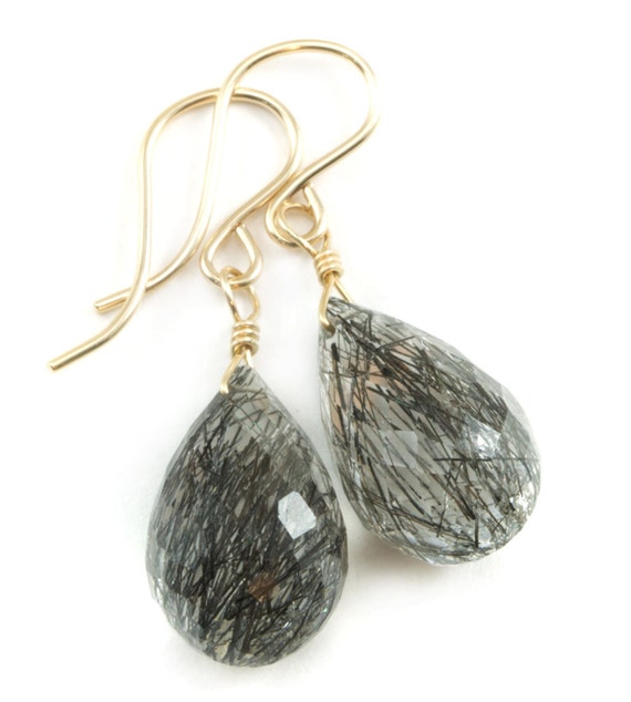 Black Tourmalated Rutile Quartz Earrings 14k Solid Yellow Gold Or Filled Or Sterling Silver Faceted Dangle Rutilated Fat Briolette Teardrops
