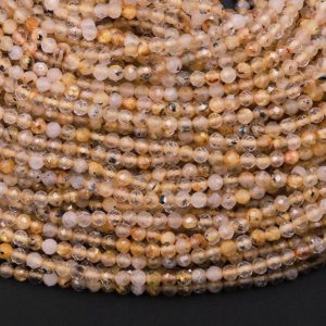 Shop Rutilated Quartz Beads! Faceted Natural Titanium Golden Rutile Quartz  3mm 4mm Round Beads 15.5" Strand | Natural genuine beads Rutilated Quartz beads for beading and jewelry making.  #jewelry #beads #beadedjewelry #diyjewelry #jewelrymaking #beadstore #beading #affiliate #ad