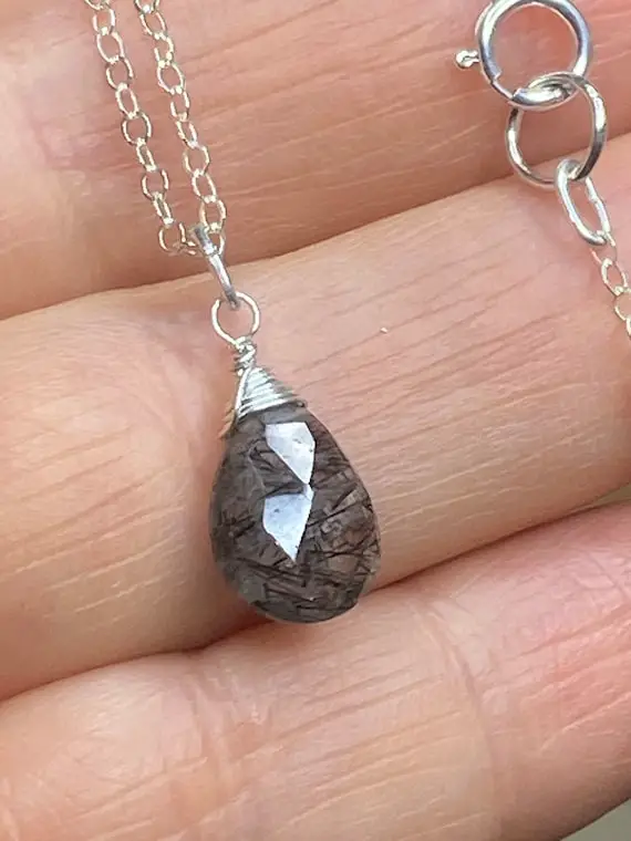 Rutilated Quartz Necklace. Black Rutile Pendant.  Clear Rutilated Quartz Drop. Sterling Silver Necklace.  Modern Jewelry. Wire Wrapped.