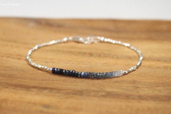 Blue Sapphire Ombre Bracelet, Hill Tribe Beads, Fine Silver, Blue Sapphire Jewelry, September Birthstone. Gemstone Bracelet