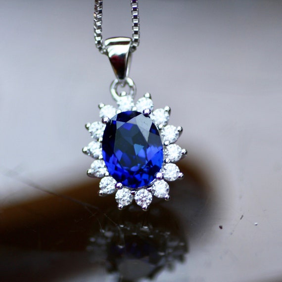 Created Sapphire Pendant Sterling Silver 925 , September Birthstone , 5th 45th Anniversary , Tet
