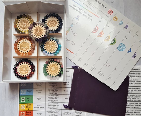 Seven Chakra Stones Crystal Energy Education Kit, Chakra Balancing Meditation Set, Cards Chart Wood Discs, Spiritual Gift Metaphysical Tool