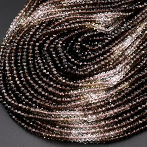 Aaa Micro Faceted Multicolor Natural Smoky Quartz Rondelle Beads 4mm Laser Diamond Cut Gemstone 15.5" Strand