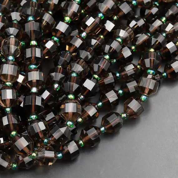 Natural Smoky Quartz 6mm 8mm 10mm Beads Faceted Energy Prism Double Terminated Points 15.5" Strand