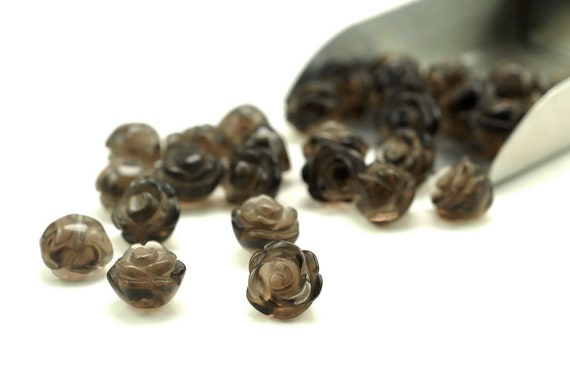 10mm  Smoky Quartz Gemstone Carved Rose Flower Beads Bulk Lot 5,10,20,30,50 (90187262-002)