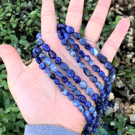 1 Strand/15" Natural Blue Sodalite Healing Gemstone 6mm To 8mm Free Form Oval Tumbled Pebble Stone Bead For Earrings Bracelet Jewelry Making