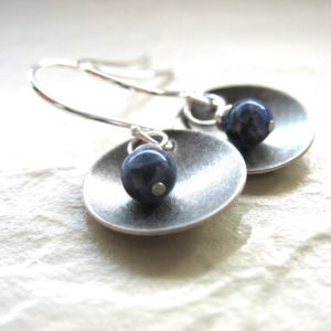 Shop Sodalite Jewelry! Sodalite Earrings, Silver Dome Metalwork Gemstone Dangle Drop Earrings, Blue Sodalite Birthstone Jewelry | Natural genuine Sodalite jewelry. Buy crystal jewelry, handmade handcrafted artisan jewelry for women.  Unique handmade gift ideas. #jewelry #beadedjewelry #beadedjewelry #gift #shopping #handmadejewelry #fashion #style #product #jewelry #affiliate #ad