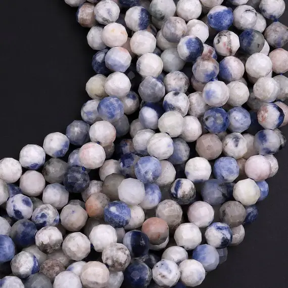 Faceted Natural White Blue Sodalite 5mm 6mm Round Beads Micro Cut Gemstone 15.5" Strand