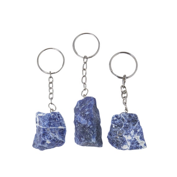 Raw Sodalite Keychain - Rough Sodalite Stone Keychain - Natural Blue Sodalite Crystal Keychain - Throat Chakra Stone - Blue Stone Keychain