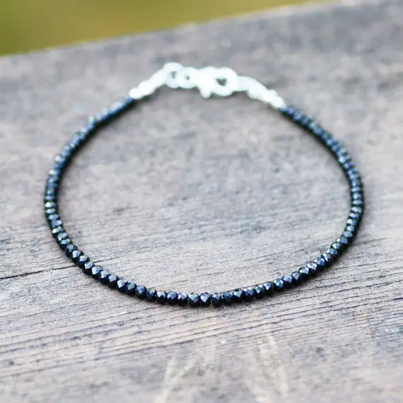 Diamond Look Natural Black Spinel Stacking Bracelet In Solid Sterling Silver , Healing Gems , Wedding , Bridal , Delicate Jewelry
