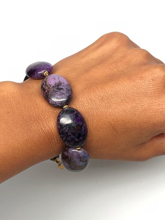 Sugilite Bead Bracelet With 18k Gold Beads And Hoop Clasp, 8.25 Inches, 24mm, Purple Gemstones, Chunky Bracelet #br296