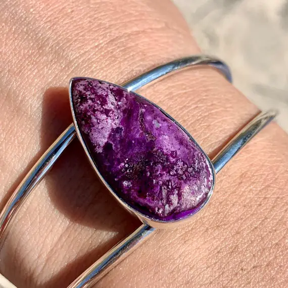 Sugilite Cuff Bracelet - Sterling Silver - Pear Teardrop Statement Bangle - Third Eye Chakra Purple Violet Crystal - Festival Arm Jewelry