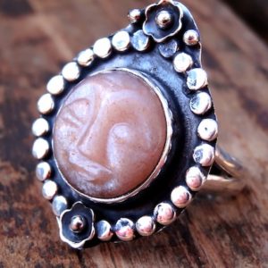 925 – Carved Face, Natural Sunstone Rings, Sterling Silver Sunstone Carving Statement Ring, Botanical Sunstone Ring, Gemstone Goddess Ring | Natural genuine Gemstone rings, simple unique handcrafted gemstone rings. #rings #jewelry #shopping #gift #handmade #fashion #style #affiliate #ad