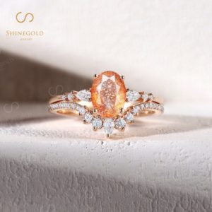 Vintage African Sunstone engagement ring set Rose gold Oval cut prong set wedding ring unique Bridal set Art deco Anniversary Promise ring | Natural genuine Gemstone rings, simple unique alternative gemstone engagement rings. #rings #jewelry #bridal #wedding #jewelryaccessories #engagementrings #weddingideas #affiliate #ad