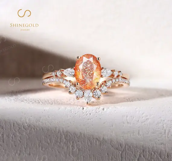 Vintage African Sunstone Engagement Ring Set Rose Gold Oval Cut Prong Set Wedding Ring Unique Bridal Set Art Deco Anniversary Promise Ring