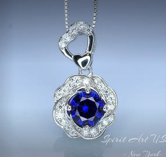 Tanzanite Necklace - Rose Flower Pendant - 18kgp @ Sterling Silver December Birthstone - Rose Flower Lab Created Blue Tanzanite Jewelry #457