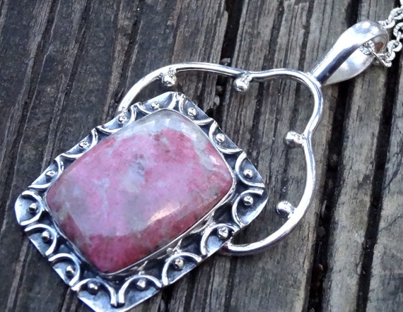 Handmade Sterling Silver Pink Thulite Statement Necklace
