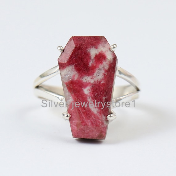 Thulite Coffin Ring: Boho 925 Sterling Silver, Pink Gemstone Thulite Coffin Ring: Boho 925 Sterling Silver, Pink Gemstone