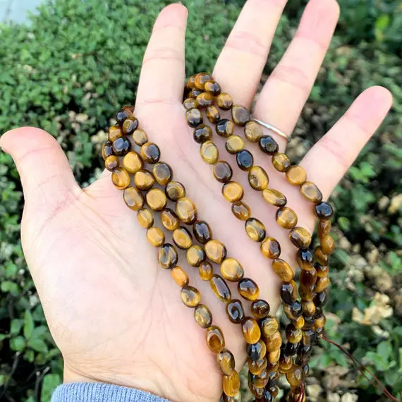 1 Strand/15" Natural Yellow Tiger's Eye Healing Gemstone 6mm To 8mm Free Form Oval Tumbled Pebble Stone Bead For Earrings Jewelry Making
