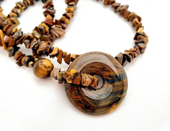 Tiger Eye Protective Circle Talisman Pendant Necklace. Shimmering Golden Brown Gemstones. Long Bold Statement Jewelry