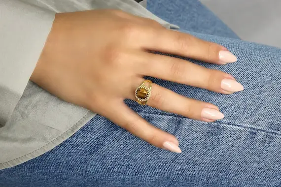 14 Karat Gold Ring · Delicate Round Gemstone Ring · Casual Stone Ring · Tiger Eye Ring · Natural Stone Ring · Gift With Engraving