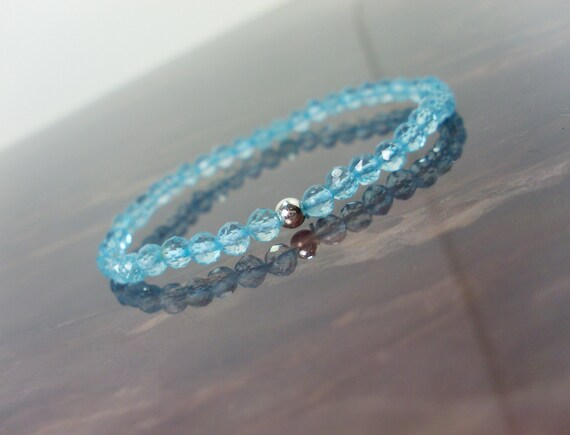 Dainty Blue Topaz Faceted Bracelet 4 Mm + Sterling Silver Bead, Natural Gemstone Bracelet, Stretch Beaded Bracelet For Women Girl + Gift Bag