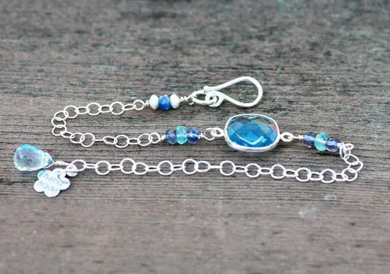 Natural Blue Topaz,  Blue Quartz Circle Link Bracelet Sterling Silver 925, Adjustable Length Up To 9" , Charm Bracelet