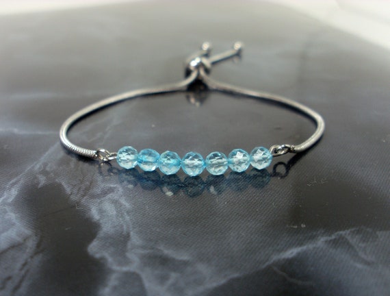 Sky Blue Topaz Bracelet Faceted 4mm, Dainty Adjustable Natural Gemstone Bracelet For Women Or Girl, Stainless Steel Bracelet + Gift Bag