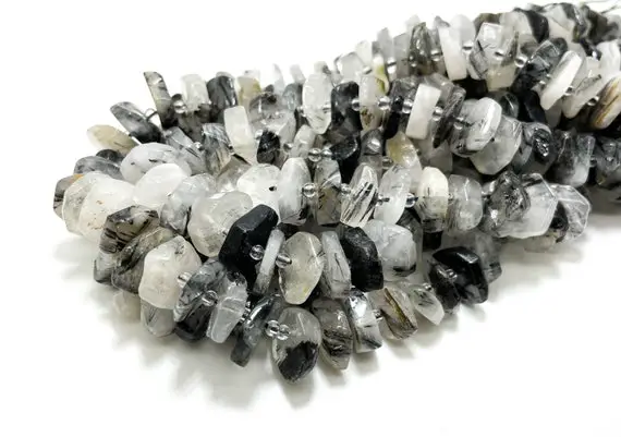 Natural Tourmaline Beads, Cloudy Black Tourmalinated Quartz Faceted Flat Disc Round Nugget Loose Gemstone Beads - Rdf15
