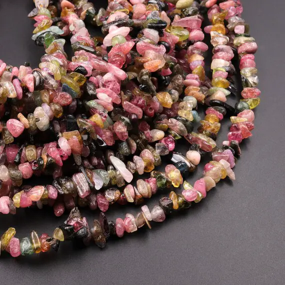 Natural Multicolor Green Pink Yellow Tourmaline Freeform Chip Pebble Nugget Beads Gemstone 15.5" Strand