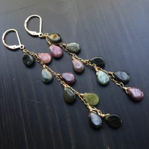 Shop Tourmaline Earrings! Long Natural Tourmaline Earrings, 14k Gold Fill Cascade Dangles, Gemstone Jewelry, 3.5 Inches. | Natural genuine Tourmaline earrings. Buy crystal jewelry, handmade handcrafted artisan jewelry for women.  Unique handmade gift ideas. #jewelry #beadedearrings #beadedjewelry #gift #shopping #handmadejewelry #fashion #style #product #earrings #affiliate #ad