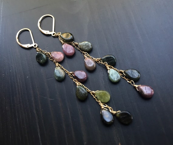 Long Natural Tourmaline Earrings, 14k Gold Fill Cascade Dangles, Gemstone Jewelry, 3.5 Inches.