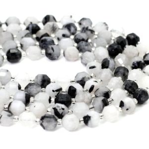 Shop Tourmaline Faceted Beads! Natural black rutilated tourmaline Faceted Round 7mm x 8mm Double Terminated Points Energy Prism Cut Loose Gemstone Beads – PGS318 | Natural genuine faceted Tourmaline beads for beading and jewelry making.  #jewelry #beads #beadedjewelry #diyjewelry #jewelrymaking #beadstore #beading #affiliate #ad