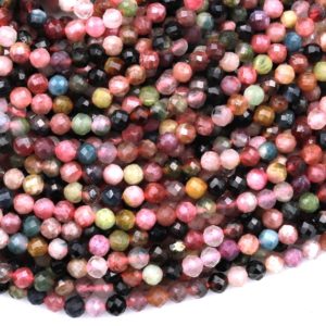 Shop Faceted Gemstone Beads! Faceted Natural Multicolor Tourmaline Round Beads 3mm 4mm 5mm Pink Green Real Genuine Gemstone 15.5" Strand | Natural genuine faceted Gemstone beads for beading and jewelry making.  #jewelry #beads #beadedjewelry #diyjewelry #jewelrymaking #beadstore #beading #affiliate #ad