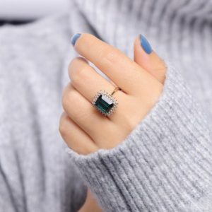 Tourmaline Engagement Ring Women Yellow Gold | Antique Emerald cut Bridal Jewelry | Delicate Halo Moissanite Ring | Anniversary Gift for Her | Natural genuine Gemstone rings, simple unique alternative gemstone engagement rings. #rings #jewelry #bridal #wedding #jewelryaccessories #engagementrings #weddingideas #affiliate #ad