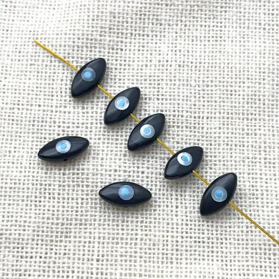 10pcs Black Mother Of Pearl Shell Evil Eye Beads, Double Sided Turquoise Shell Evil Eye Jewelry, 10x5mm