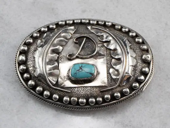 Navajo Billy Slim Belt Buckle, Coin Silver And Turquoise Belt Buckle, Monogrammed D Belt Buckle, Navajo Jewelry, Statement Piece Vtr22zh9
