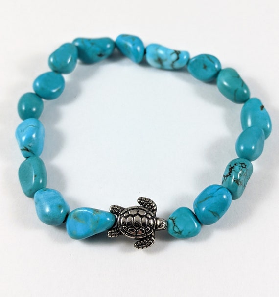 Turtle Bracelet, Magnesite Bracelet, Turtle Gemstone Bracelet, Gemstone Stretch Bracelet, Gemstone Bracelet, Blue Gemstone Bracelet
