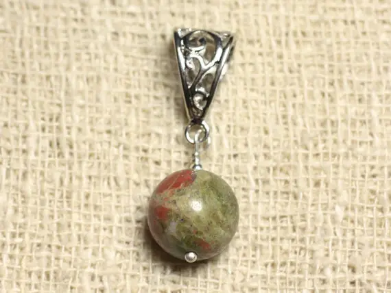 Pendentif Pierre Semi Précieuse Et Rhodium - Unakite 12mm