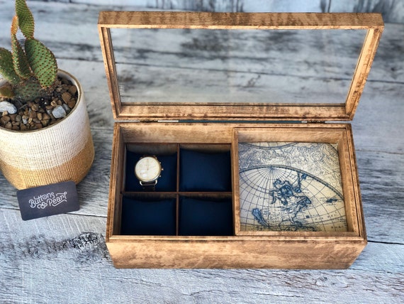 Glass Top Watch Box: Wood Organizer With Valet Tray