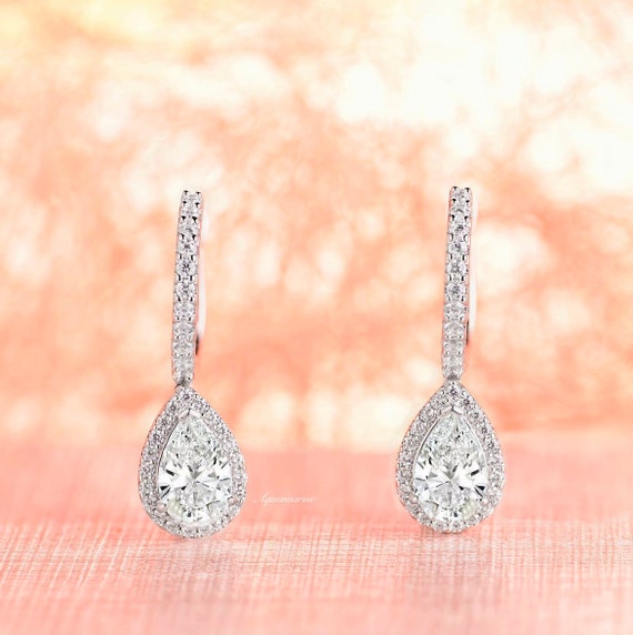 Teardrop White Sapphire Earrings- Sterling Silver Diamond Drop Earrings- Bridal Earrings- Wedding Earrings- Anniversary Gift- Birthday Gift