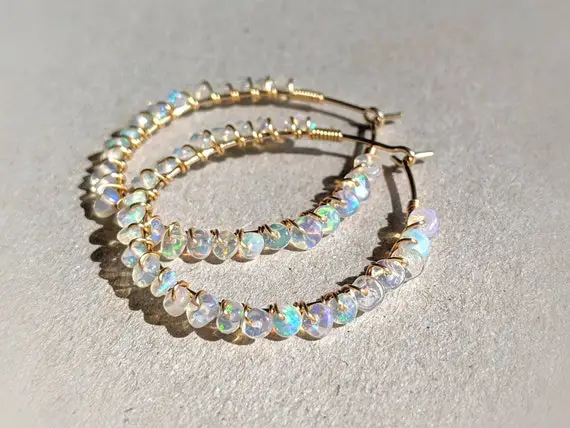 14k Gold Opal Hoop Earrings, Ethiopian Opal Hoop Wrapped Earrings, Genuine Opal Earrings, Opal Wire Wrapped Earrings, Opal Jewellery