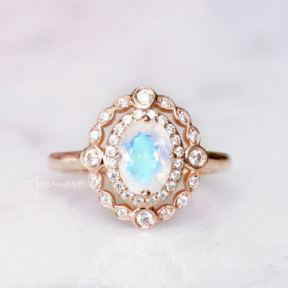 10k/14k/18k Solid Rose Gold Rainbow Moonstone Ring- Halo Engagement Ring- Vintage Promise Ring- June Birthstone- Anniversary Gift For Her