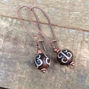 Long Tibetan Agate Earrings, Tribal Ethnic Inspired Stone Earrings, Copper and Stone Earrings, Tibetan Dzi Agate Earrings | Natural genuine Agate earrings. Buy crystal jewelry, handmade handcrafted artisan jewelry for women.  Unique handmade gift ideas. #jewelry #beadedearrings #beadedjewelry #gift #shopping #handmadejewelry #fashion #style #product #earrings #affiliate #ad