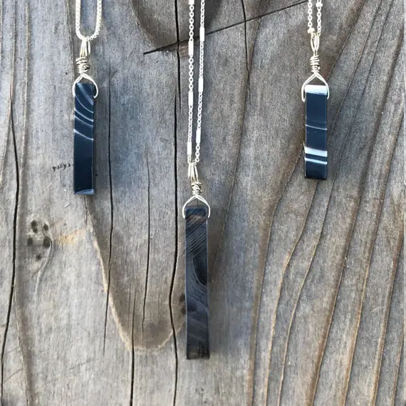 Agate; Black Striped Agate; Black Agate;  Agate Pendant; Agate Necklace; Agate Slice; Chakra Jewelry; Reiki Jewelry; Sterling Silver