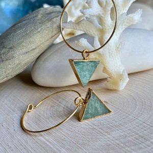 Gold Hoops with Amazonite Gemstone Charm, Amazonite Hoop Earrings, Stone Dangle Hoops, Amazonite Jewelry, Green Stone Triangle Earrings | Natural genuine Amazonite earrings. Buy crystal jewelry, handmade handcrafted artisan jewelry for women.  Unique handmade gift ideas. #jewelry #beadedearrings #beadedjewelry #gift #shopping #handmadejewelry #fashion #style #product #earrings #affiliate #ad
