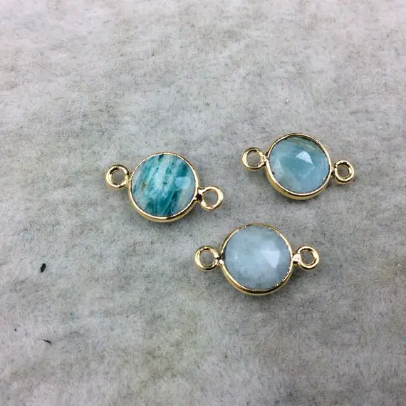 Gold Plated Natural Amazonite Faceted Round/coin Shaped Copper Bezel Connector/link - Measures 8mm X 8mm - Sold Individually, Random