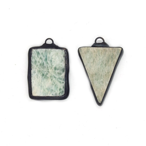 Soldered Amazonite Gemstone Pendants | Gemstone Pendants With Soldered Gunmetal Edging | Rectangle Triangle Shapes Available