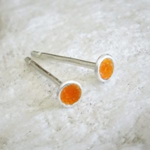 Shop Amber Earrings! Orange Tiny Dot Studs Enamel Earrings | 3 mm Cups Silver Amber Disc Studs for Men and Women | Natural genuine Amber earrings. Buy handcrafted artisan men's jewelry, gifts for men.  Unique handmade mens fashion accessories. #jewelry #beadedearrings #beadedjewelry #shopping #gift #handmadejewelry #earrings #affiliate #ad